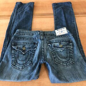 True Religion Straight Jeans Women 26 Blue Low Rise Rhinestone Flap Pockets